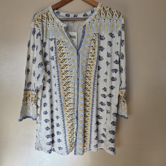 Lucky Brand Boho Paisley Floral Cream Button Down Top 3x Stretch Cottagecore NWT - Picture 2 of 10